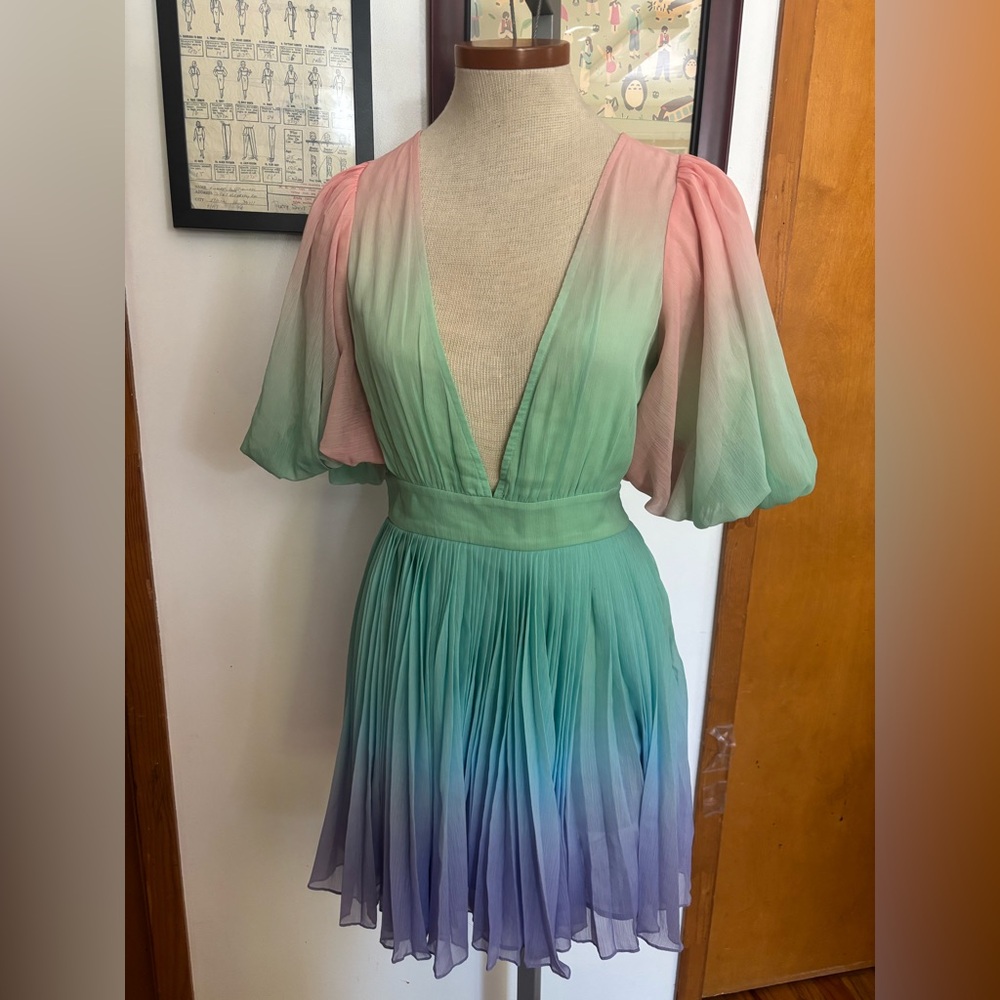 ROCOCO SAND: *NWOT Chiffon Puff Sleeve Pastel Rainbow Gradient Dress SZ.S(MULTI)